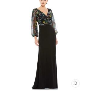 NWOT Mac Duggal faux wrap embroidered top gown
